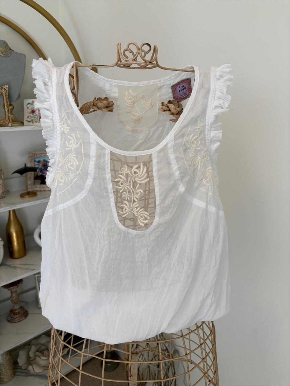 Free People Cream White Embroidered Ruffle-Sleeve Tank